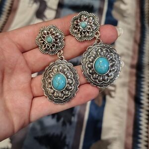 Silver and Turquoise Floral Drop Earrings